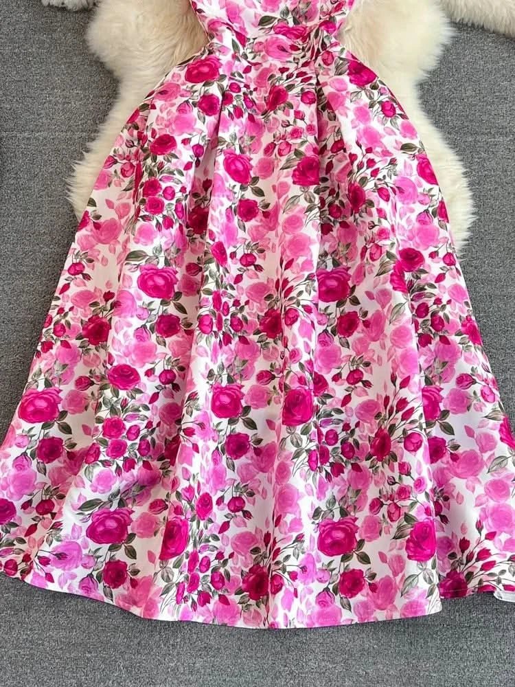 Elegant Sleeveless Round Neck Slim Long Floral Dress Formal Party Boho Y2k - Polynesia Market