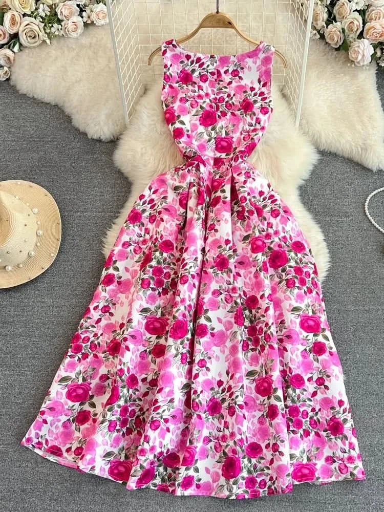 Elegant Sleeveless Round Neck Slim Long Floral Dress Formal Party Boho Y2k - Polynesia Market