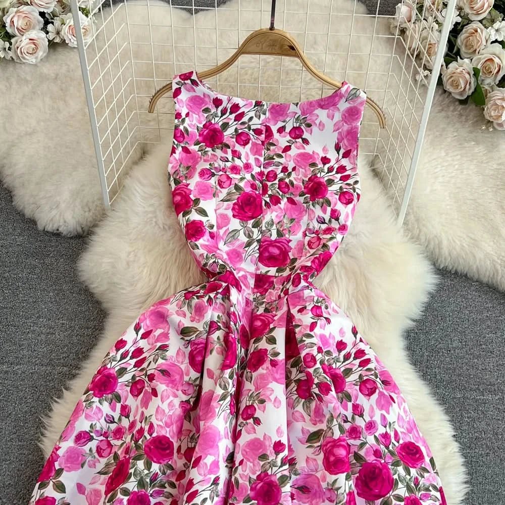 Elegant Sleeveless Round Neck Slim Long Floral Dress Formal Party Boho Y2k - Polynesia Market