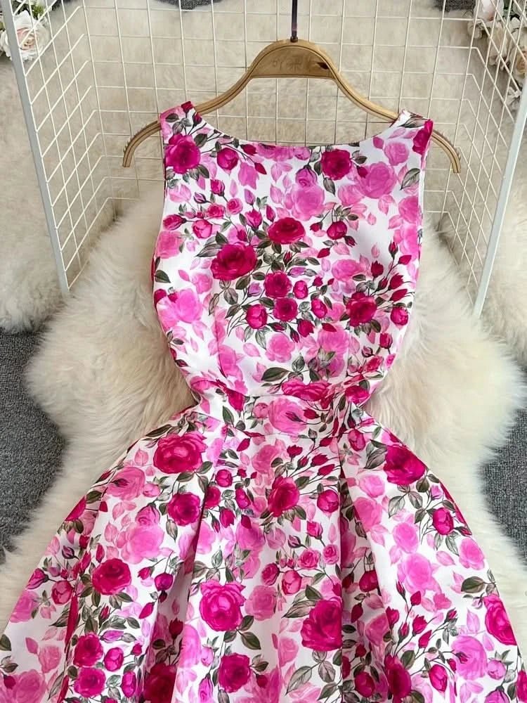 Elegant Sleeveless Round Neck Slim Long Floral Dress Formal Party Boho Y2k - Polynesia Market