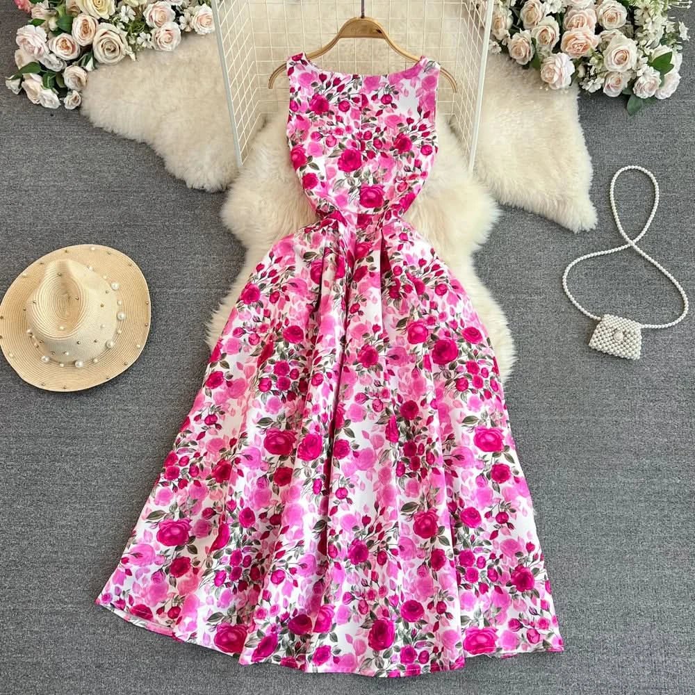 Elegant Sleeveless Round Neck Slim Long Floral Dress Formal Party Boho Y2k - Polynesia Market