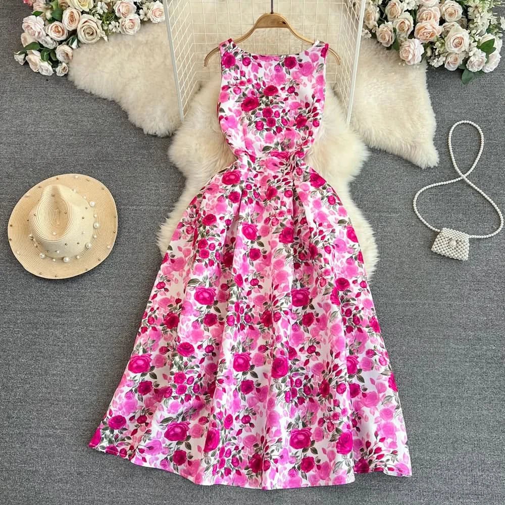 Elegant Sleeveless Round Neck Slim Long Floral Dress Formal Party Boho Y2k - Polynesia Market