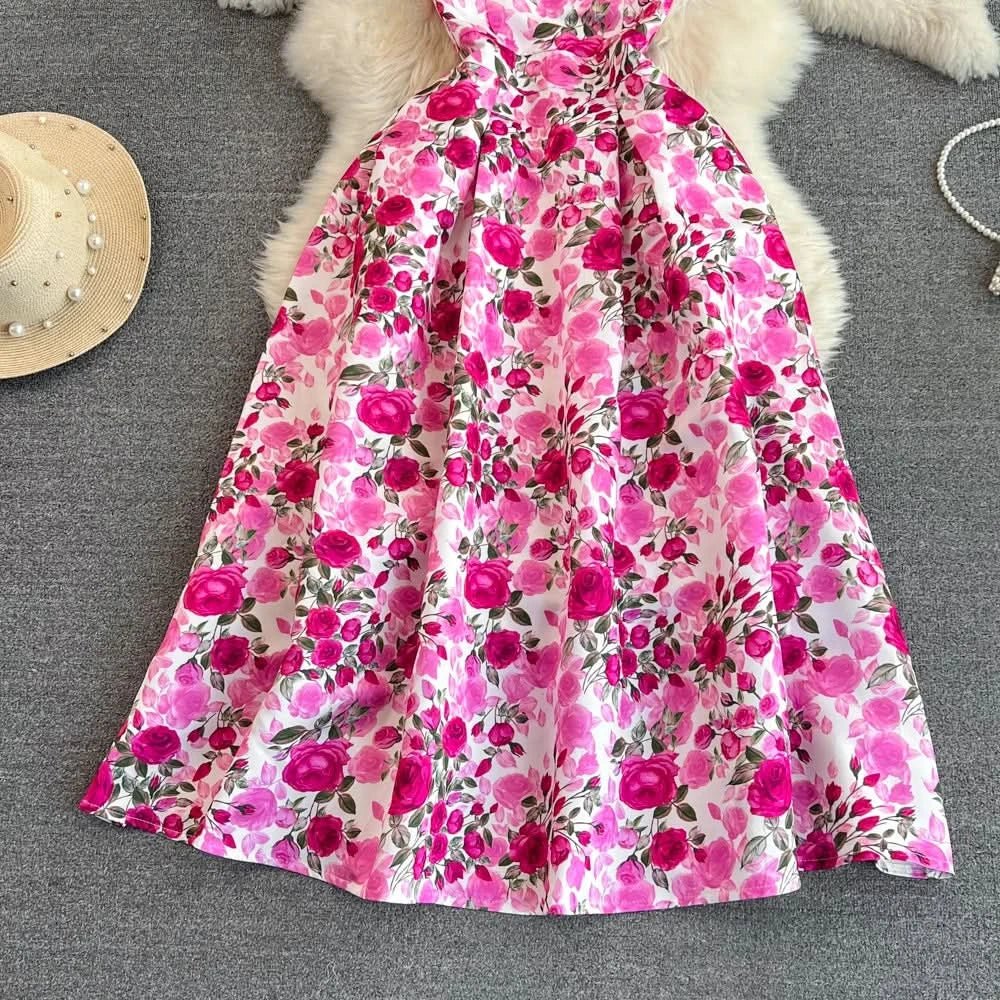 Elegant Sleeveless Round Neck Slim Long Floral Dress Formal Party Boho Y2k - Polynesia Market