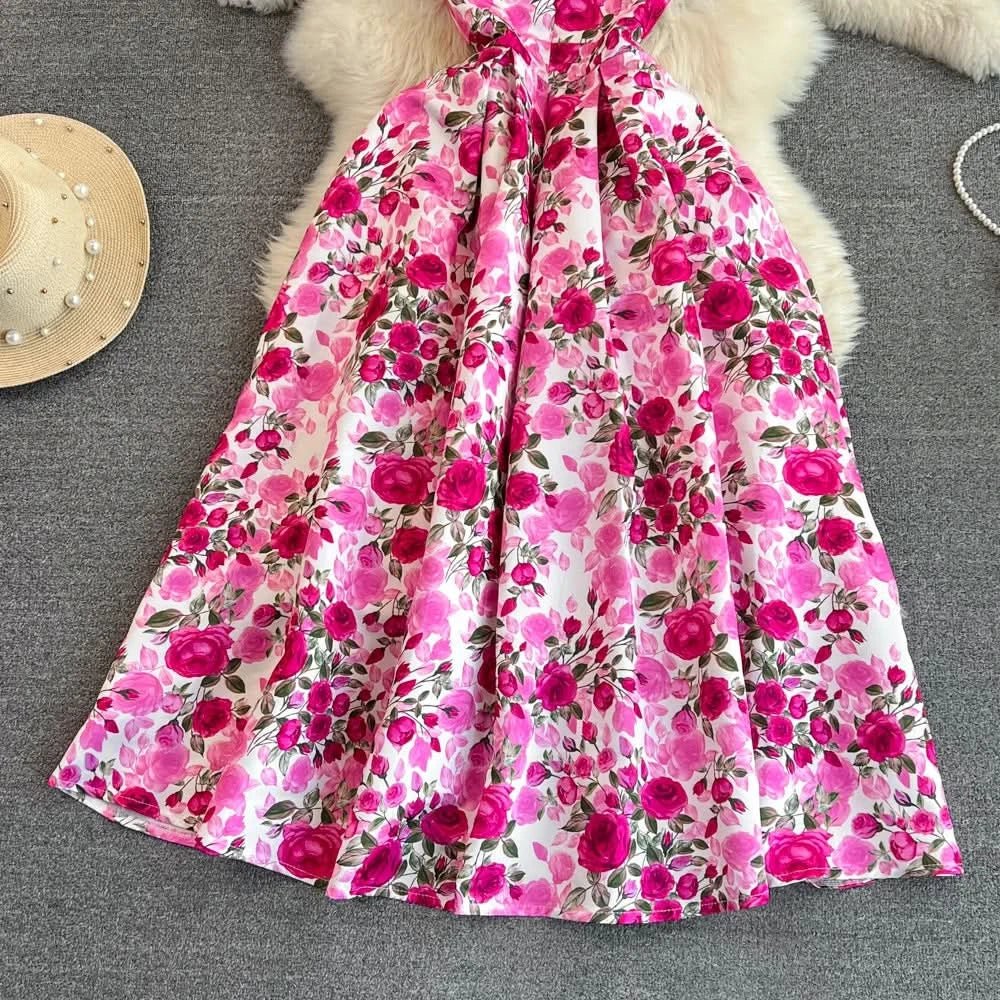 Elegant Sleeveless Round Neck Slim Long Floral Dress Formal Party Boho Y2k - Polynesia Market