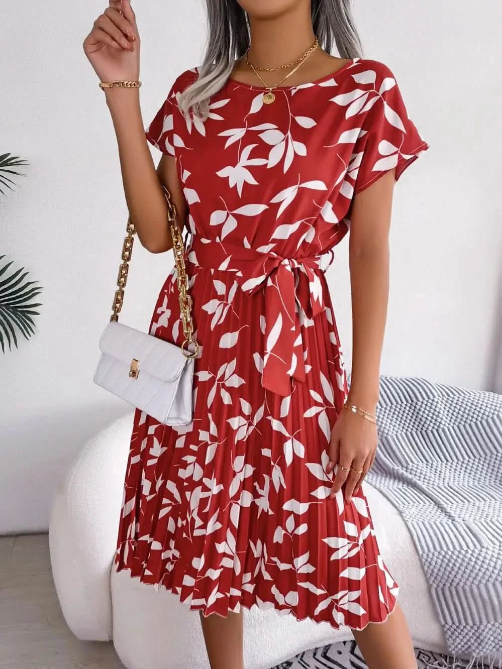 FICUSRONG Fashion Floral Pleated A Line Long Dress Women Spring Summer Short Sleeve High Waist Chic Dress - Polynesia Market
