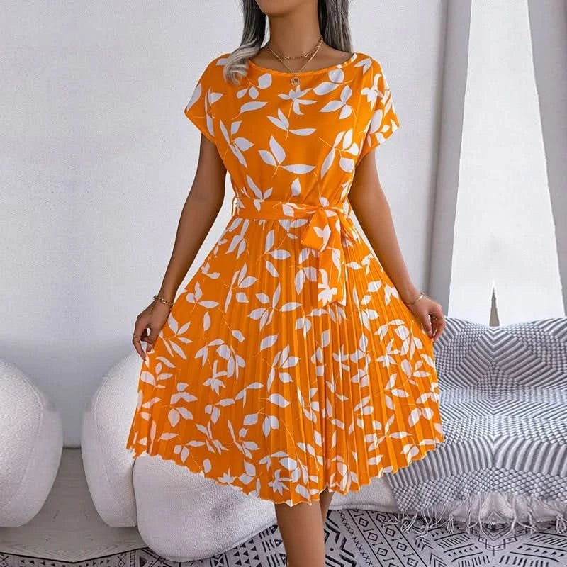 FICUSRONG Fashion Floral Pleated A Line Long Dress Women Spring Summer Short Sleeve High Waist Chic Dress - Polynesia Market