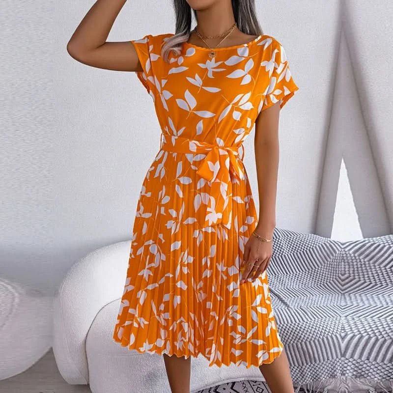 FICUSRONG Fashion Floral Pleated A Line Long Dress Women Spring Summer Short Sleeve High Waist Chic Dress - Polynesia Market