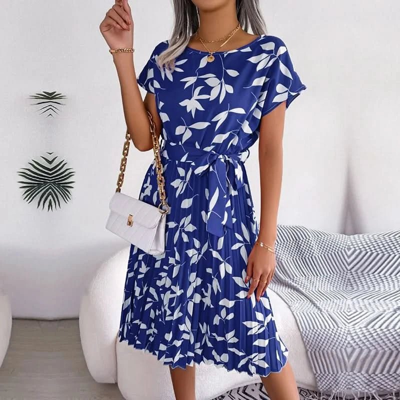 FICUSRONG Fashion Floral Pleated A Line Long Dress Women Spring Summer Short Sleeve High Waist Chic Dress - Polynesia Market