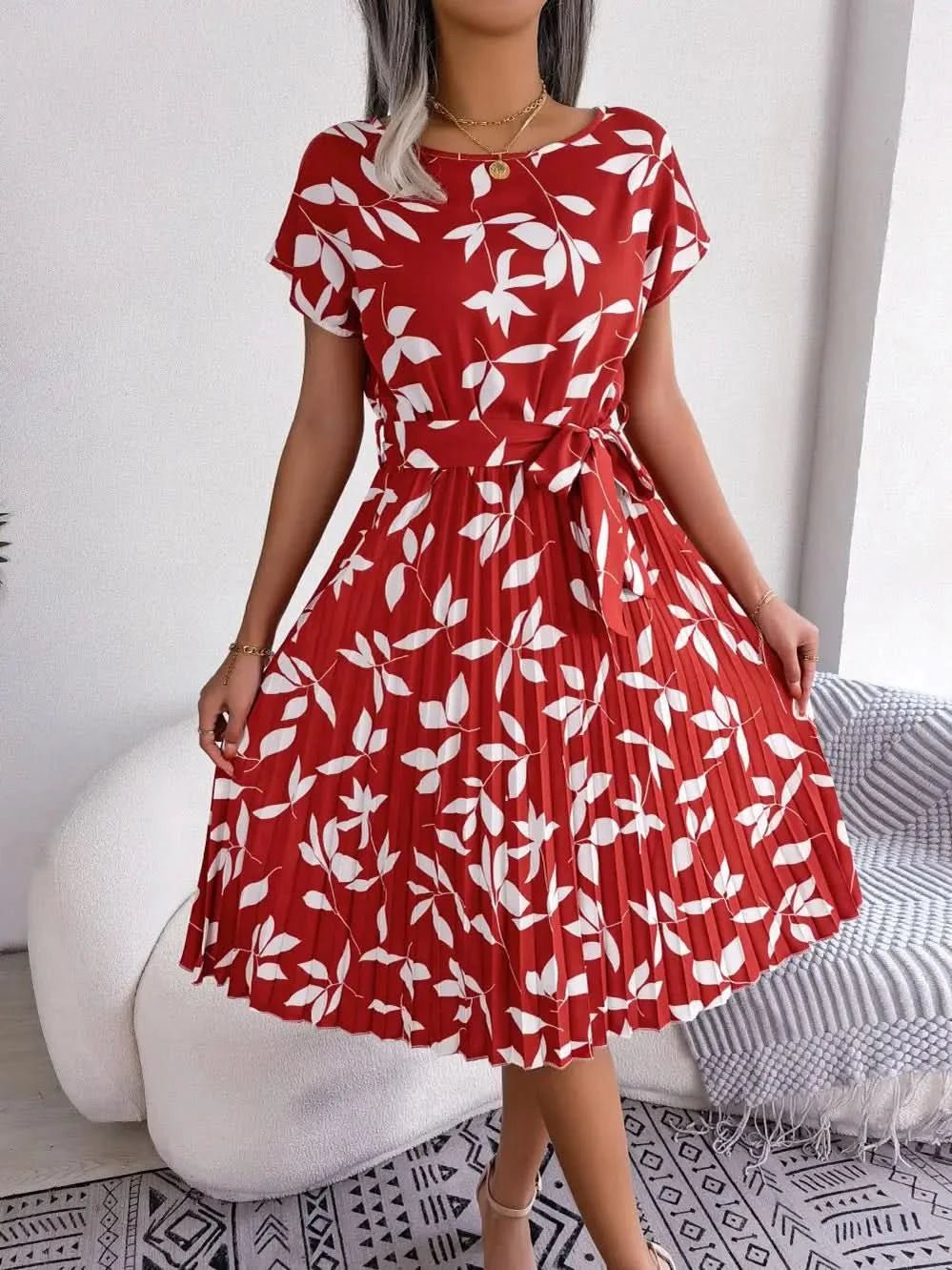 FICUSRONG Fashion Floral Pleated A Line Long Dress Women Spring Summer Short Sleeve High Waist Chic Dress - Polynesia Market