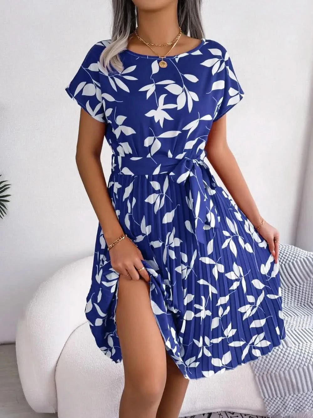 FICUSRONG Fashion Floral Pleated A Line Long Dress Women Spring Summer Short Sleeve High Waist Chic Dress - Polynesia Market