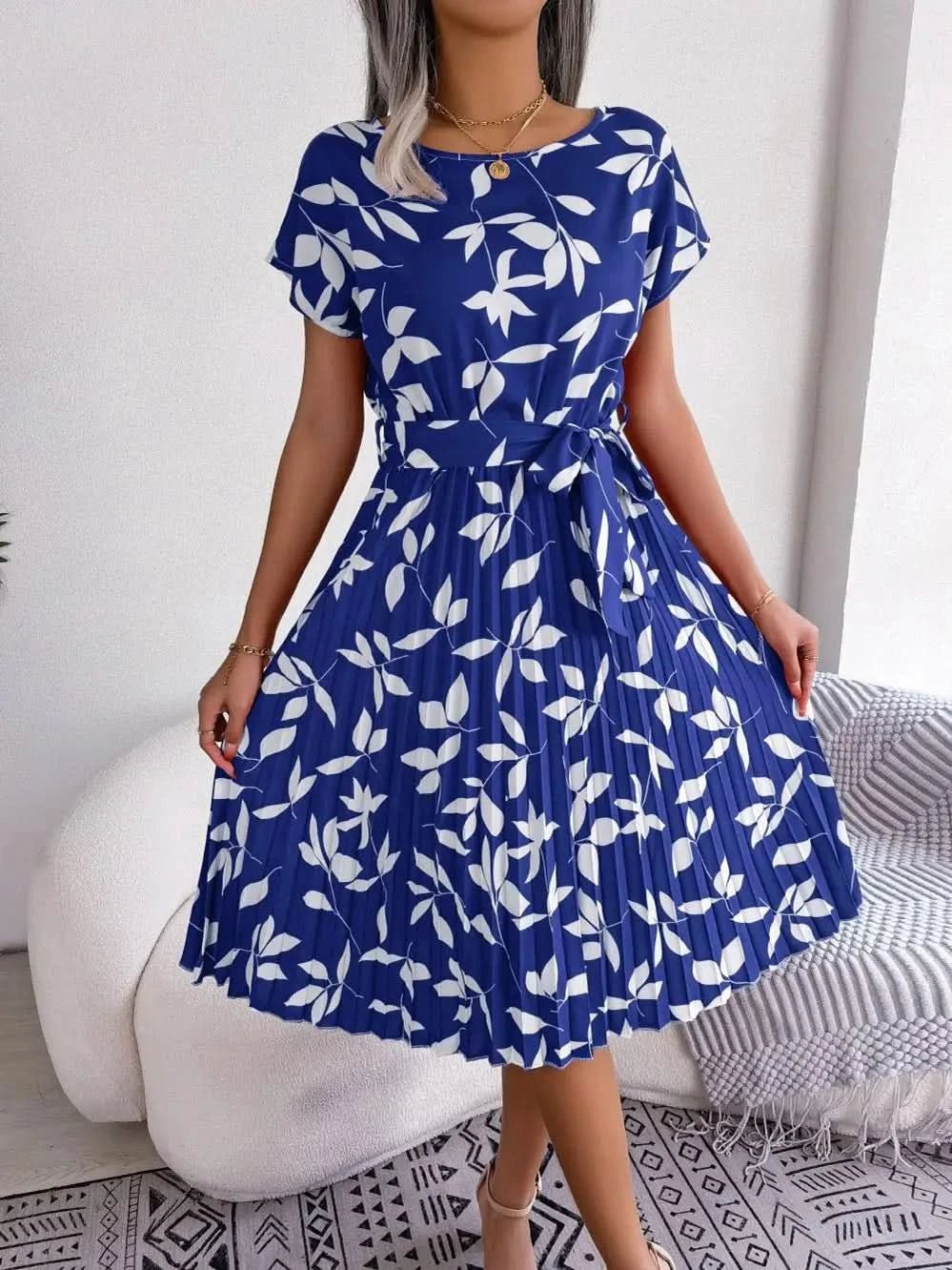 FICUSRONG Fashion Floral Pleated A Line Long Dress Women Spring Summer Short Sleeve High Waist Chic Dress - Polynesia Market