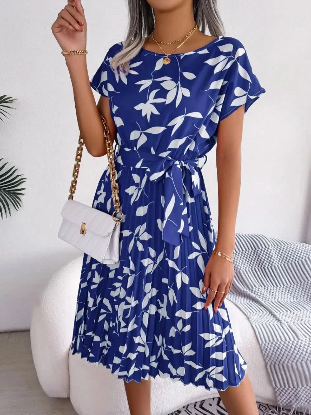 FICUSRONG Fashion Floral Pleated A Line Long Dress Women Spring Summer Short Sleeve High Waist Chic Dress - Polynesia Market