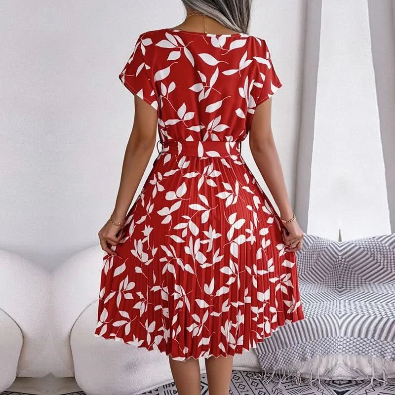 FICUSRONG Fashion Floral Pleated A Line Long Dress Women Spring Summer Short Sleeve High Waist Chic Dress - Polynesia Market