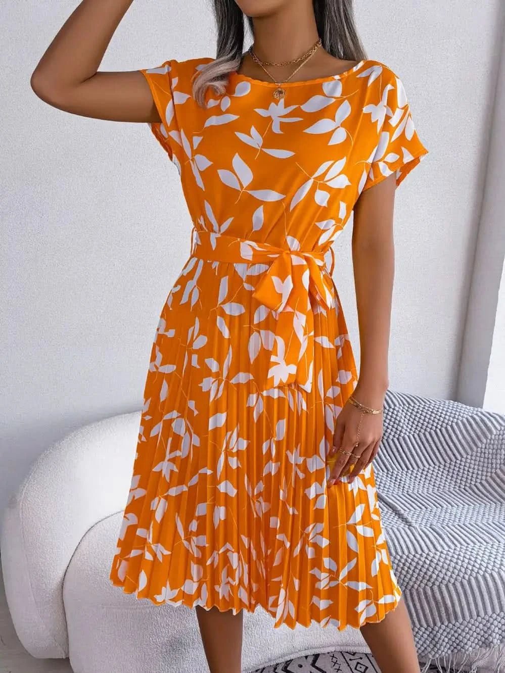 FICUSRONG Fashion Floral Pleated A Line Long Dress Women Spring Summer Short Sleeve High Waist Chic Dress - Polynesia Market