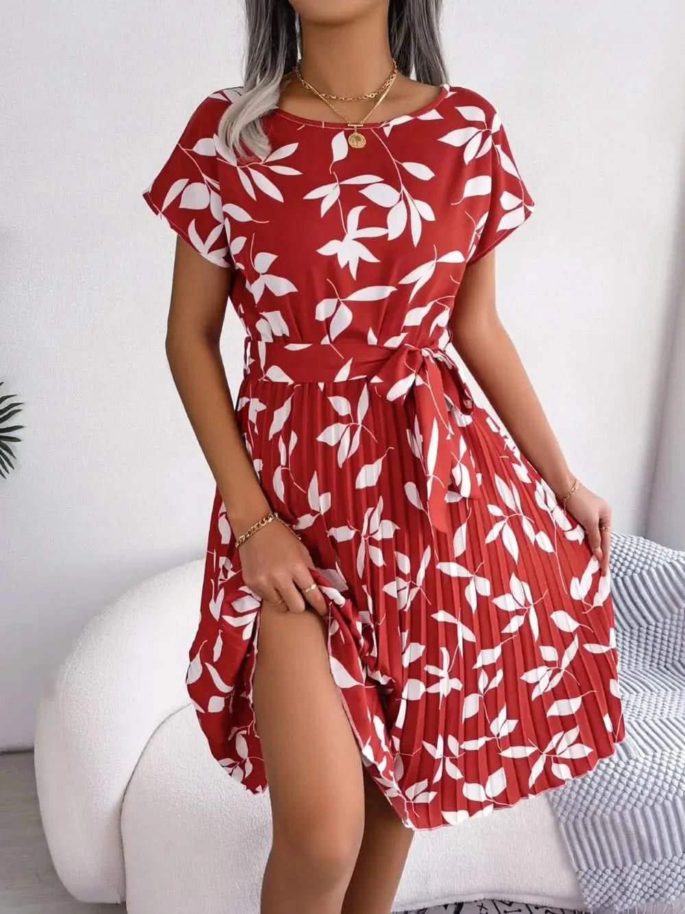 FICUSRONG Fashion Floral Pleated A Line Long Dress Women Spring Summer Short Sleeve High Waist Chic Dress - Polynesia Market