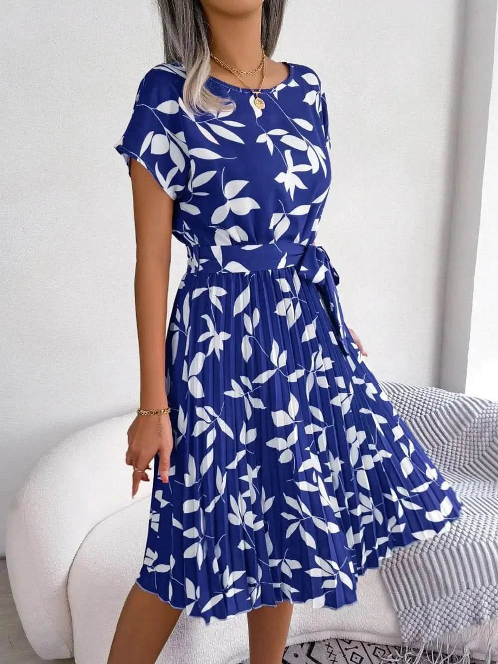 FICUSRONG Fashion Floral Pleated A Line Long Dress Women Spring Summer Short Sleeve High Waist Chic Dress - Polynesia Market