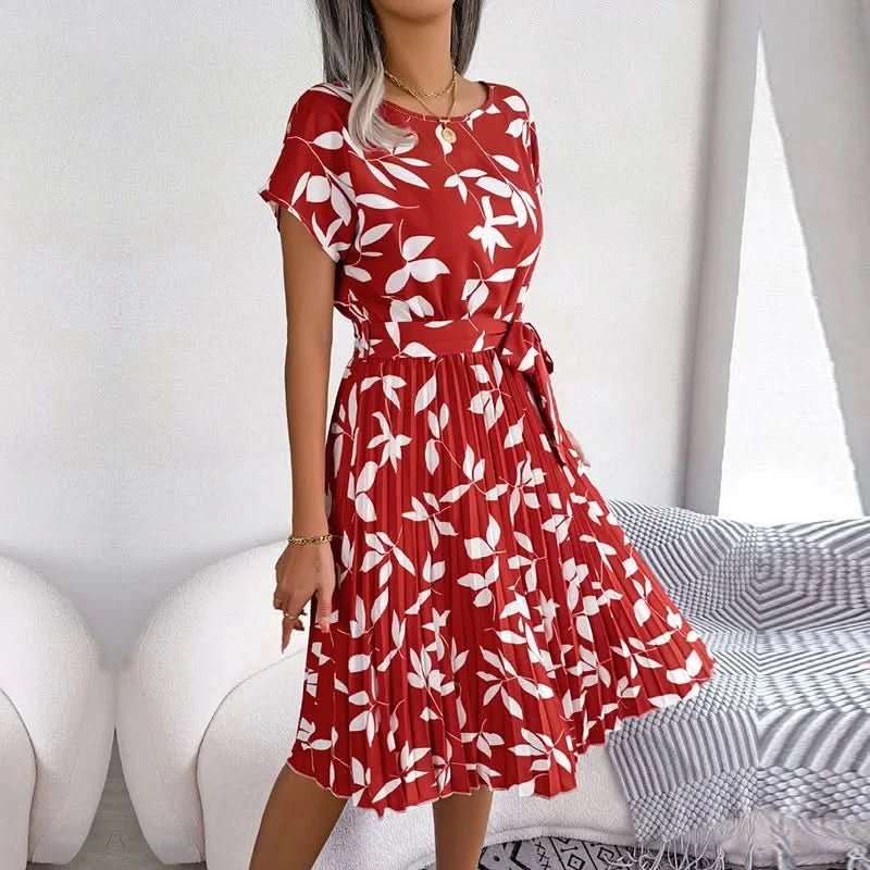 FICUSRONG Fashion Floral Pleated A Line Long Dress Women Spring Summer Short Sleeve High Waist Chic Dress - Polynesia Market