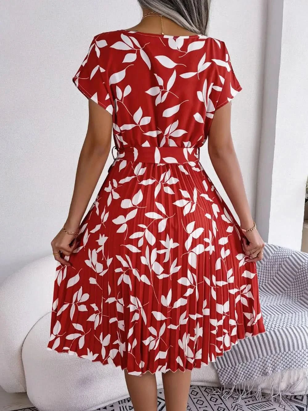 FICUSRONG Fashion Floral Pleated A Line Long Dress Women Spring Summer Short Sleeve High Waist Chic Dress - Polynesia Market