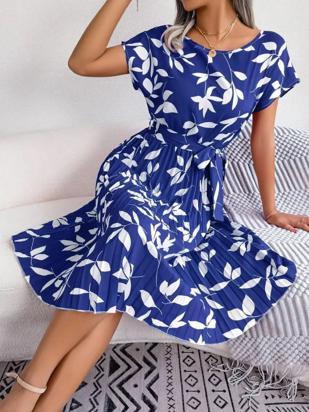 FICUSRONG Fashion Floral Pleated A Line Long Dress Women Spring Summer Short Sleeve High Waist Chic Dress - Polynesia Market