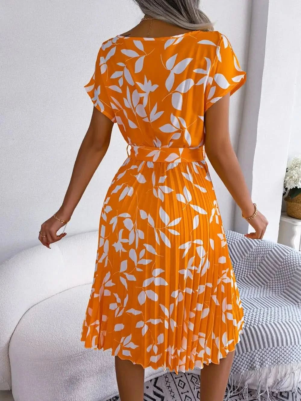 FICUSRONG Fashion Floral Pleated A Line Long Dress Women Spring Summer Short Sleeve High Waist Chic Dress - Polynesia Market