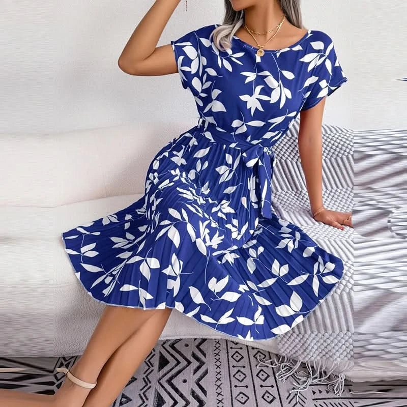 FICUSRONG Fashion Floral Pleated A Line Long Dress Women Spring Summer Short Sleeve High Waist Chic Dress - Polynesia Market