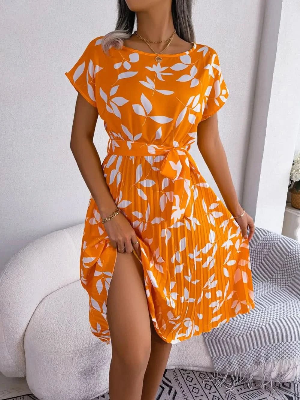 FICUSRONG Fashion Floral Pleated A Line Long Dress Women Spring Summer Short Sleeve High Waist Chic Dress - Polynesia Market