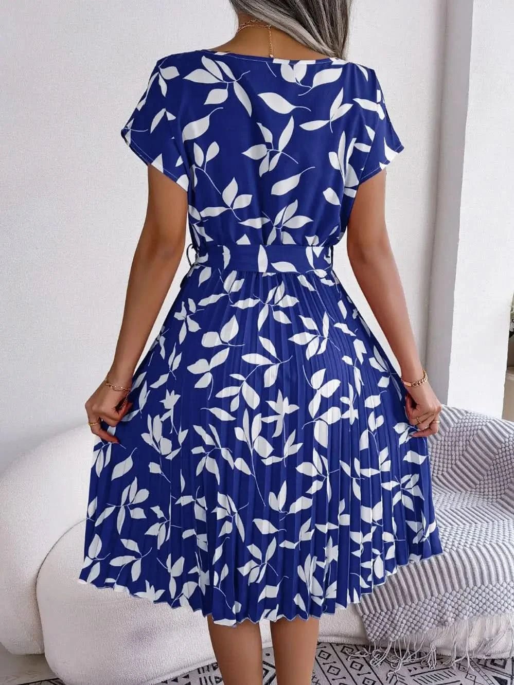 FICUSRONG Fashion Floral Pleated A Line Long Dress Women Spring Summer Short Sleeve High Waist Chic Dress - Polynesia Market