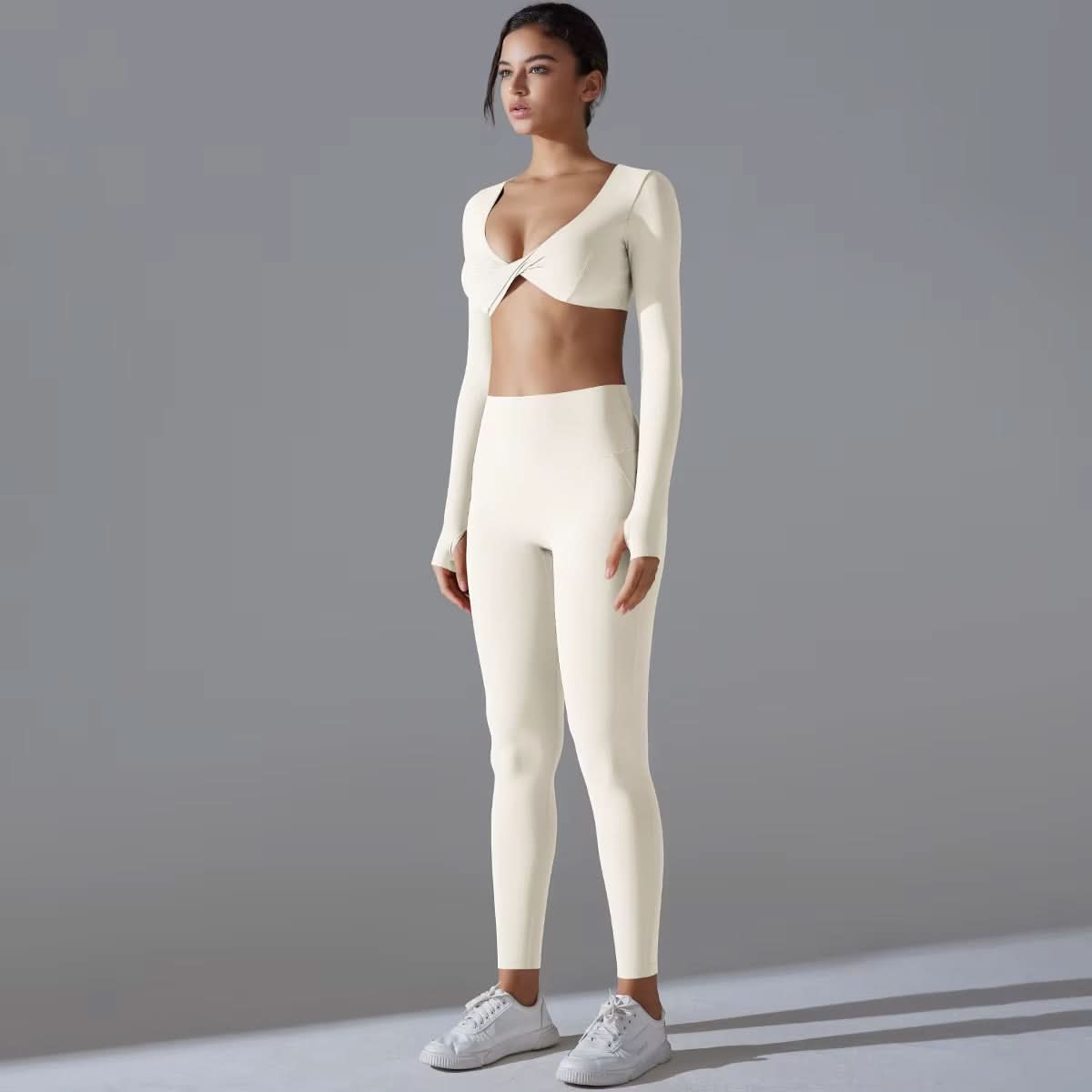 Fitness Clothing 2 PCS Long Sleeve Top Yoga Leggings Set for Women Active Wear Gym Fitness Sets - Polynesia Market