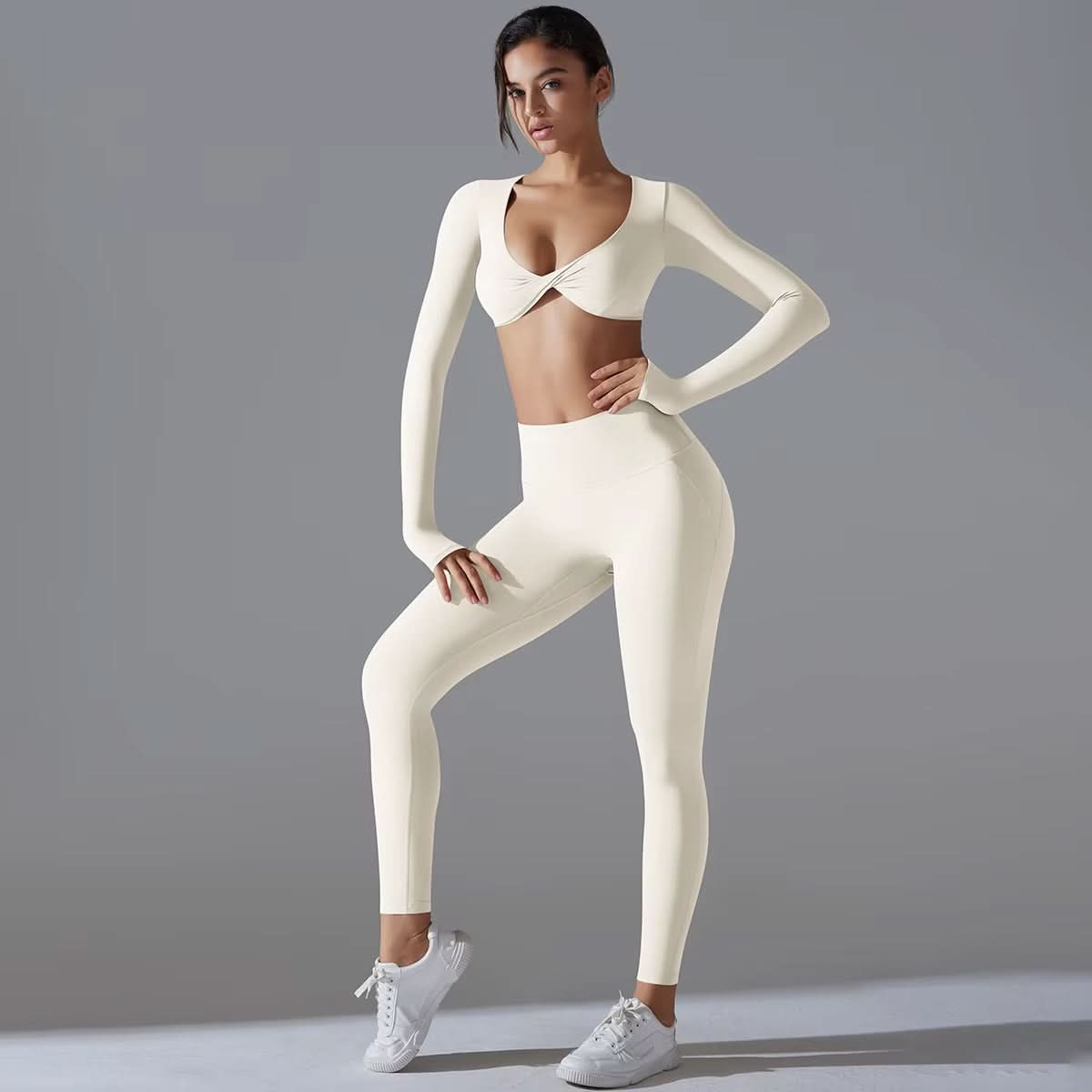 Fitness Clothing 2 PCS Long Sleeve Top Yoga Leggings Set for Women Active Wear Gym Fitness Sets - Polynesia Market