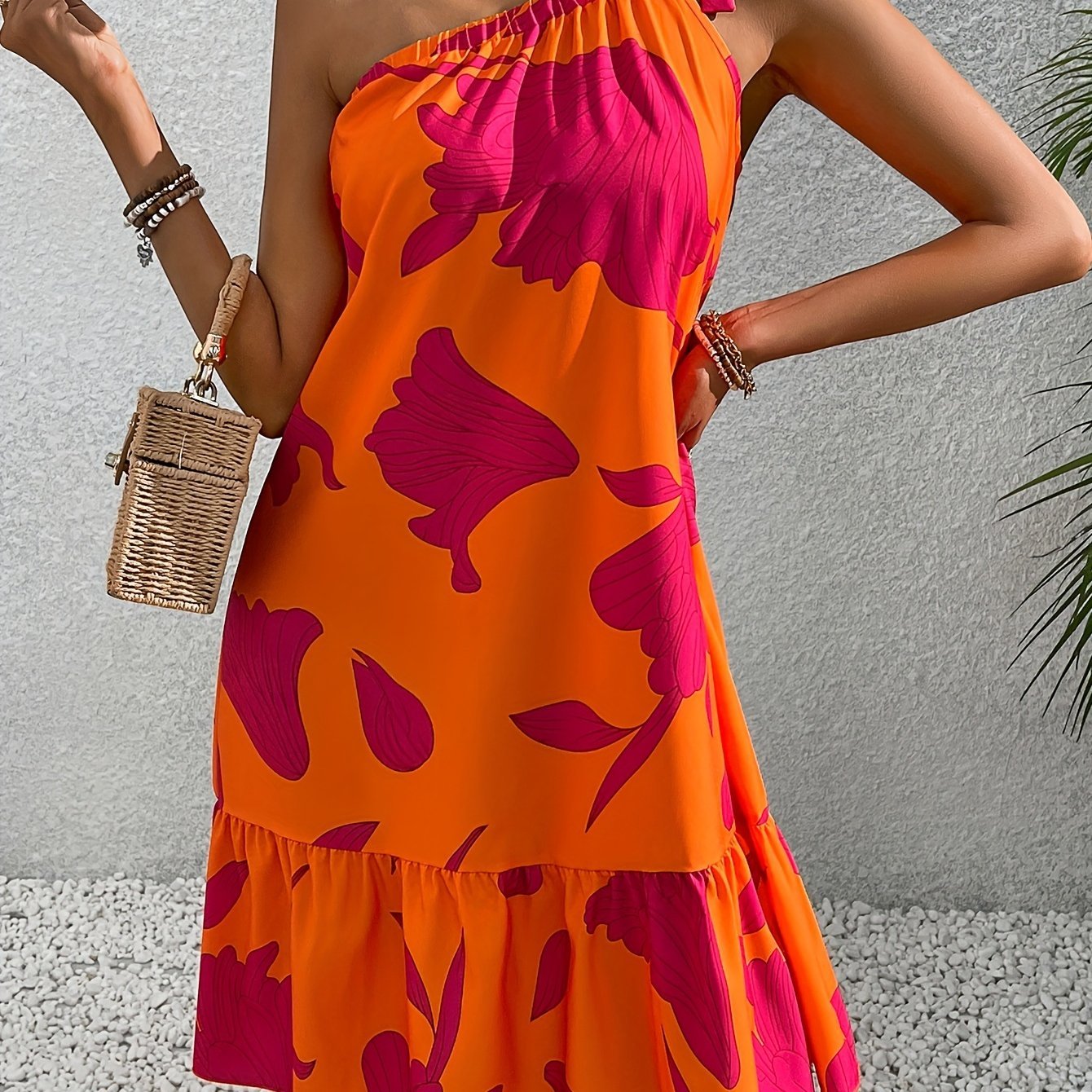 Floral Print One - Shoulder Dress with Lotus Leaf Hem for Women, Elegant and Targeted - Polynesia Market