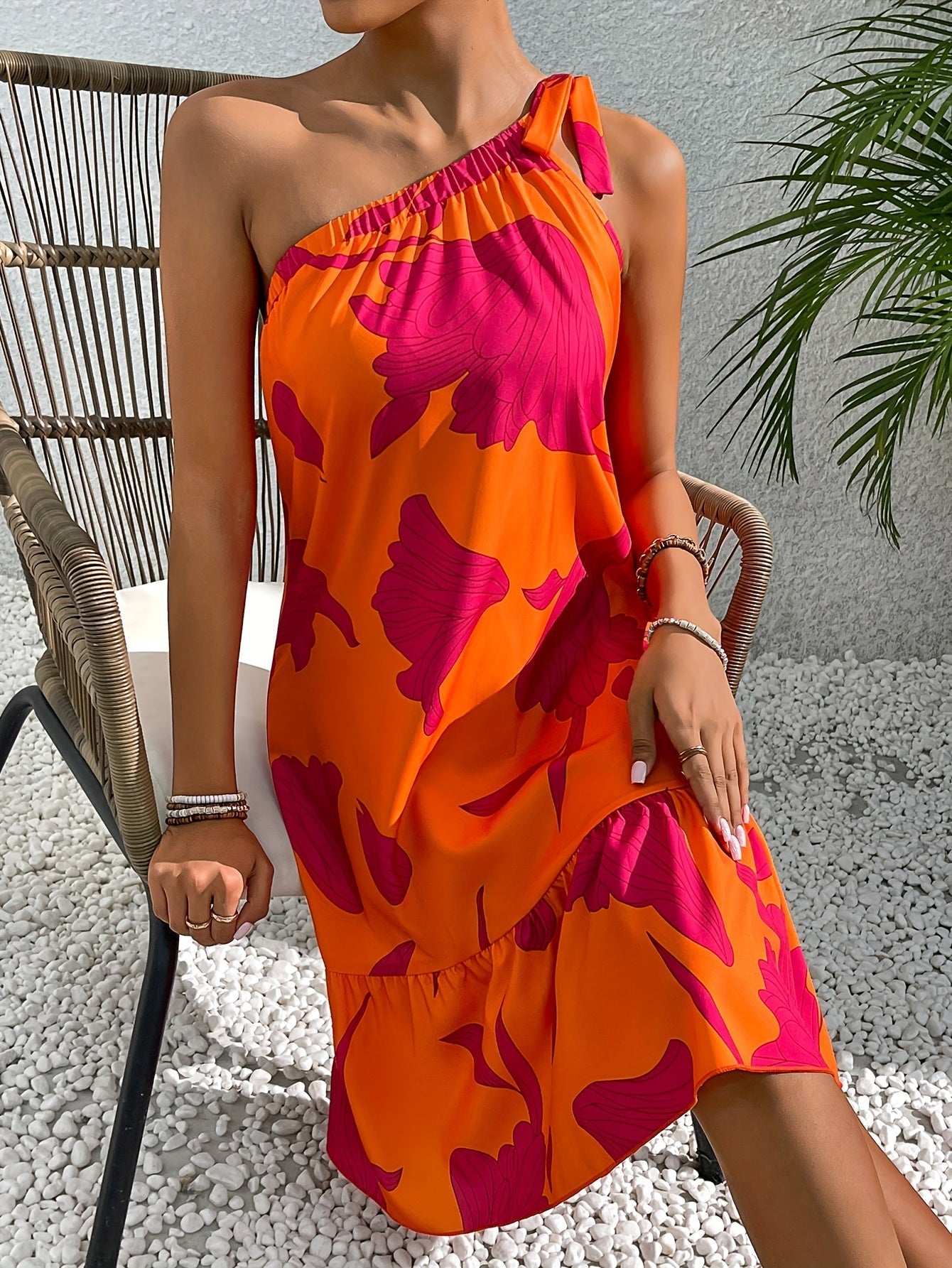 Floral Print One - Shoulder Dress with Lotus Leaf Hem for Women, Elegant and Targeted - Polynesia Market