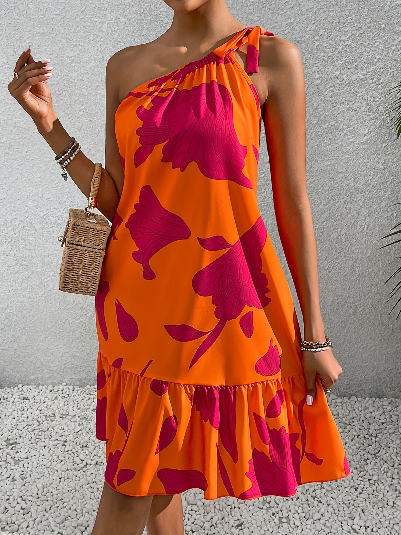 Floral Print One - Shoulder Dress with Lotus Leaf Hem for Women, Elegant and Targeted - Polynesia Market