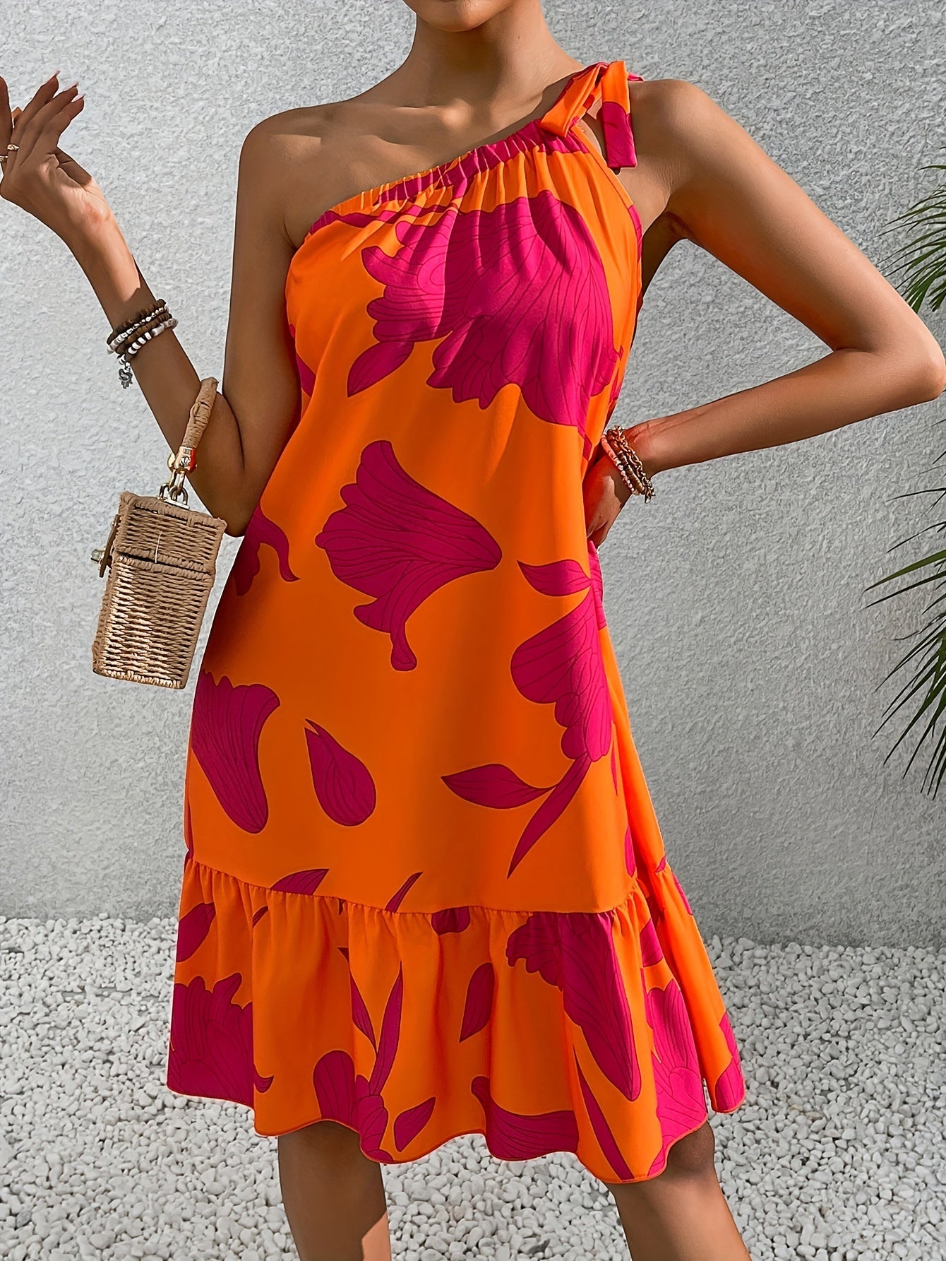 Floral Print One - Shoulder Dress with Lotus Leaf Hem for Women, Elegant and Targeted - Polynesia Market