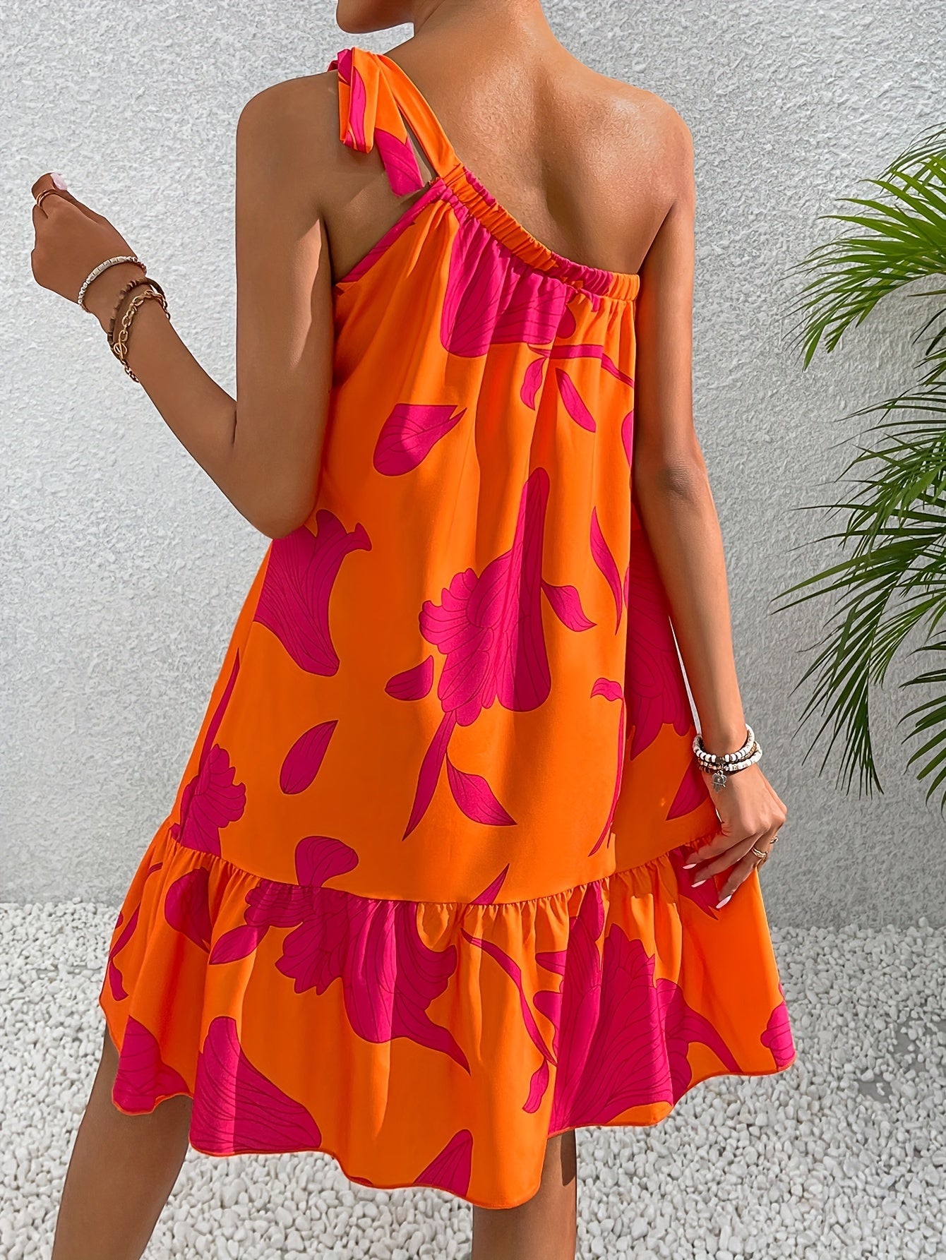 Floral Print One - Shoulder Dress with Lotus Leaf Hem for Women, Elegant and Targeted - Polynesia Market