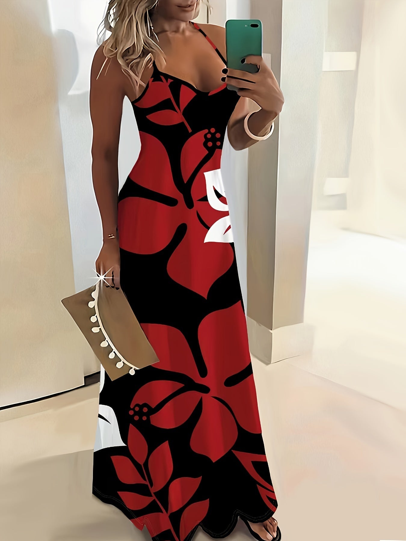 Floral Print Spaghetti Strap Dress, Vacation Backless Cami Dress For Spring & Summer, Women's Clothing - Polynesia Market