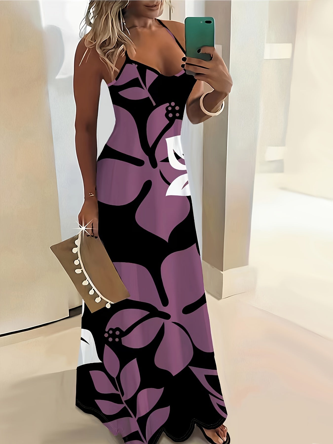 Floral Print Spaghetti Strap Dress, Vacation Backless Cami Dress For Spring & Summer, Women's Clothing - Polynesia Market