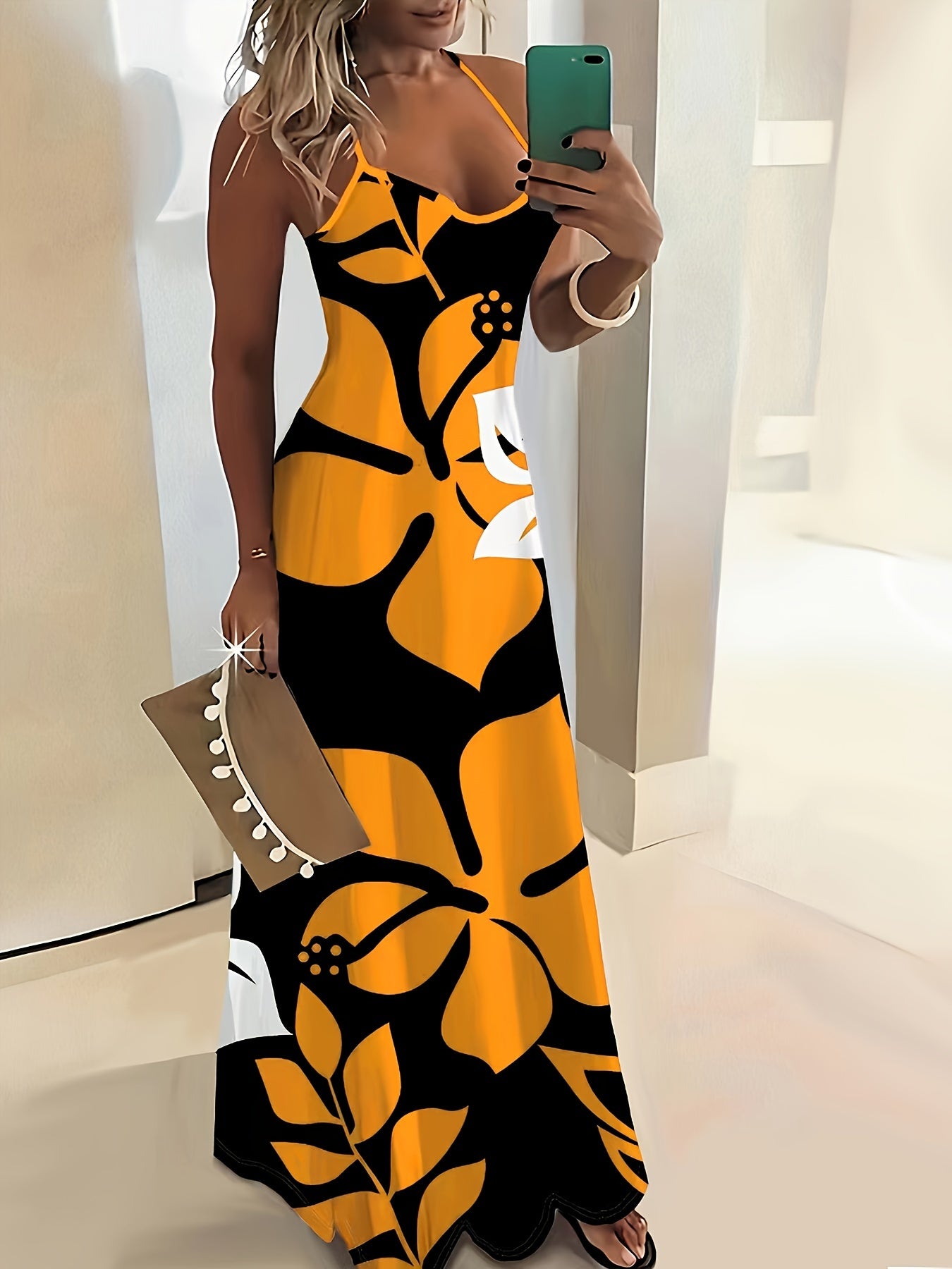 Floral Print Spaghetti Strap Dress, Vacation Backless Cami Dress For Spring & Summer, Women's Clothing - Polynesia Market