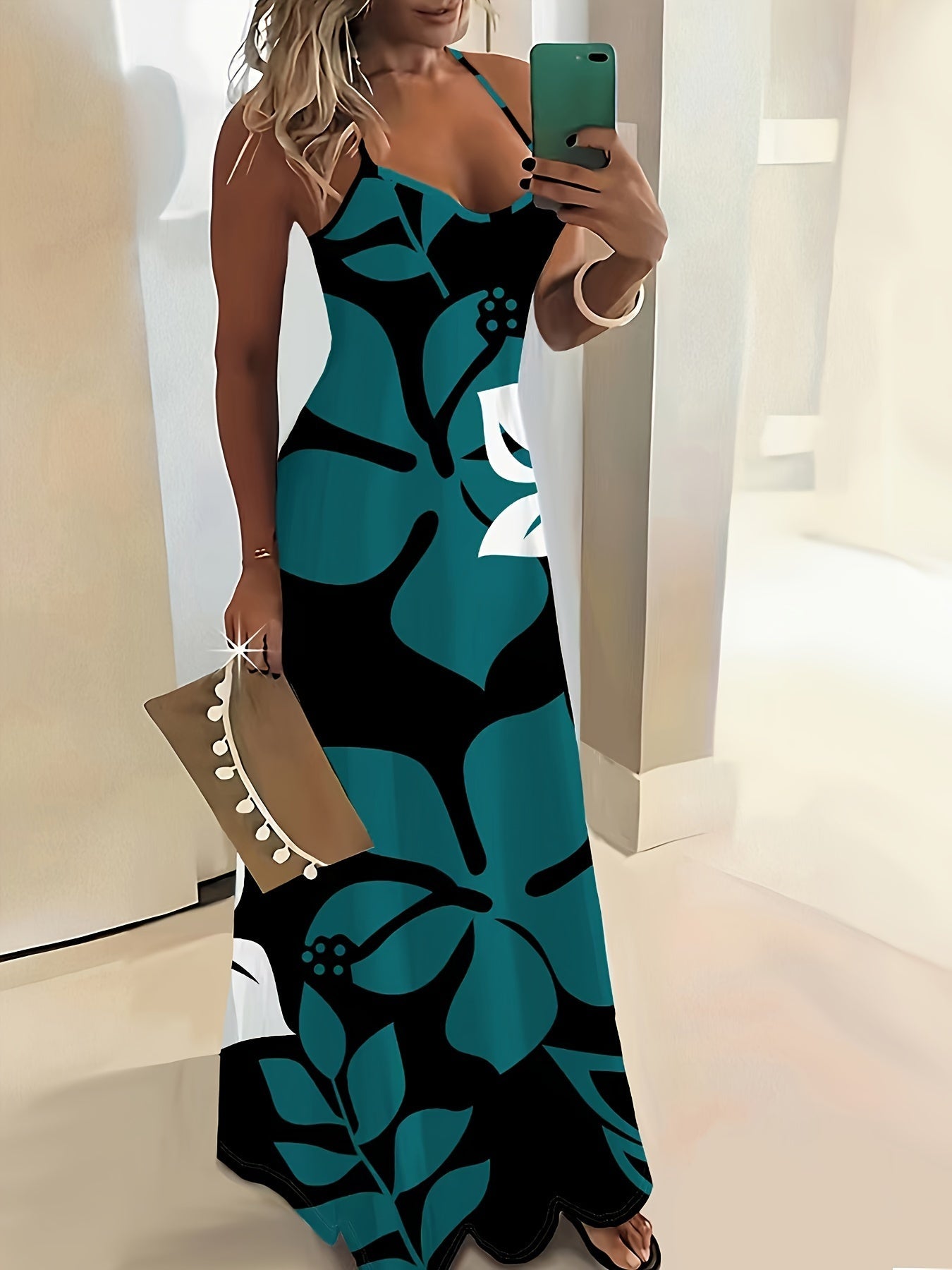 Floral Print Spaghetti Strap Dress, Vacation Backless Cami Dress For Spring & Summer, Women's Clothing - Polynesia Market