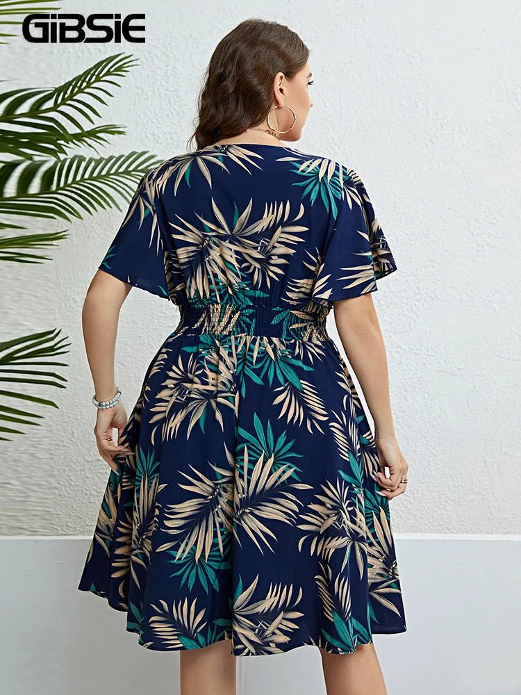 GIBSIE Plus Size Tropical Print V Neck Butterfly Sleeve Dress Women Vacation Boho Beach Casual Elastic Summer Midi Dresses 2024 - Polynesia Market