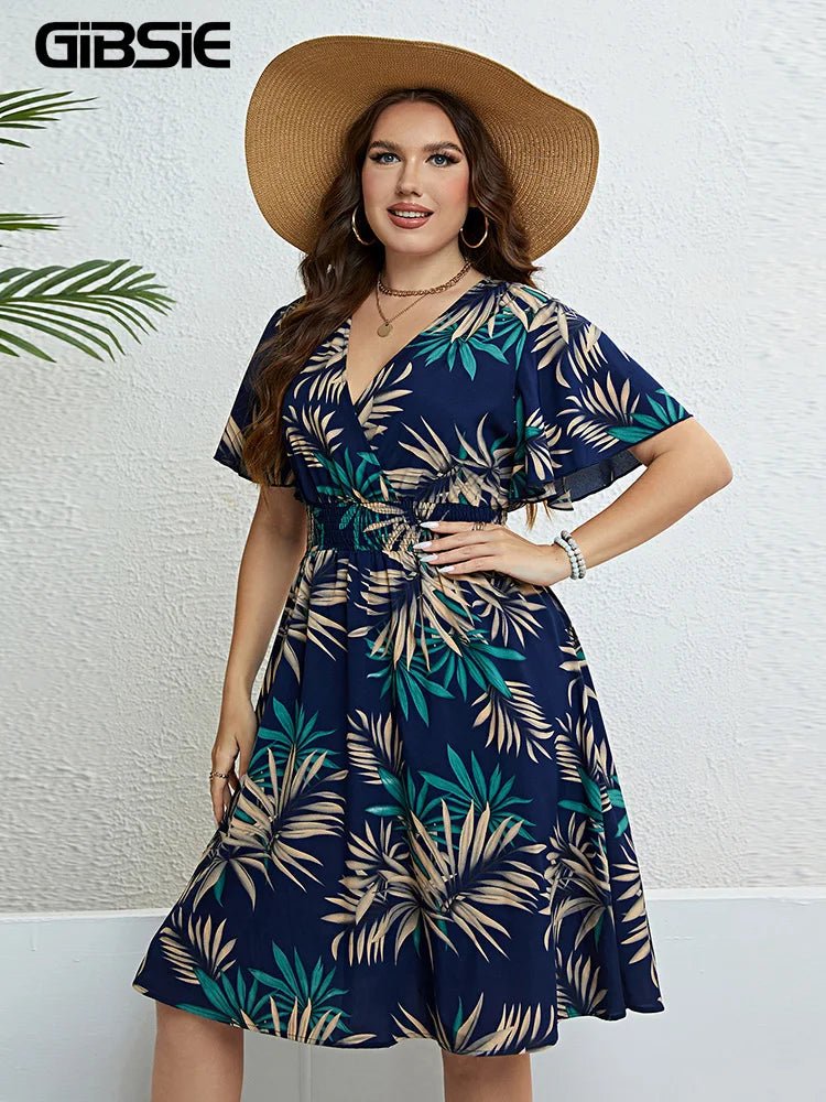 GIBSIE Plus Size Tropical Print V Neck Butterfly Sleeve Dress Women Vacation Boho Beach Casual Elastic Summer Midi Dresses 2024 - Polynesia Market