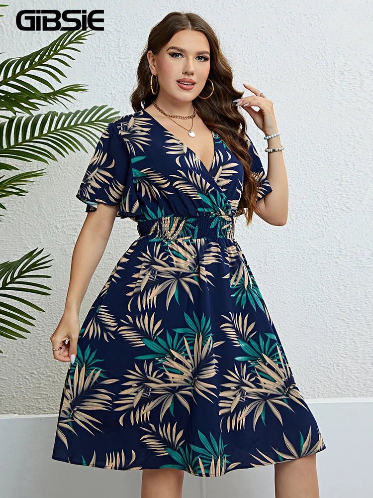 GIBSIE Plus Size Tropical Print V Neck Butterfly Sleeve Dress Women Vacation Boho Beach Casual Elastic Summer Midi Dresses 2024 - Polynesia Market
