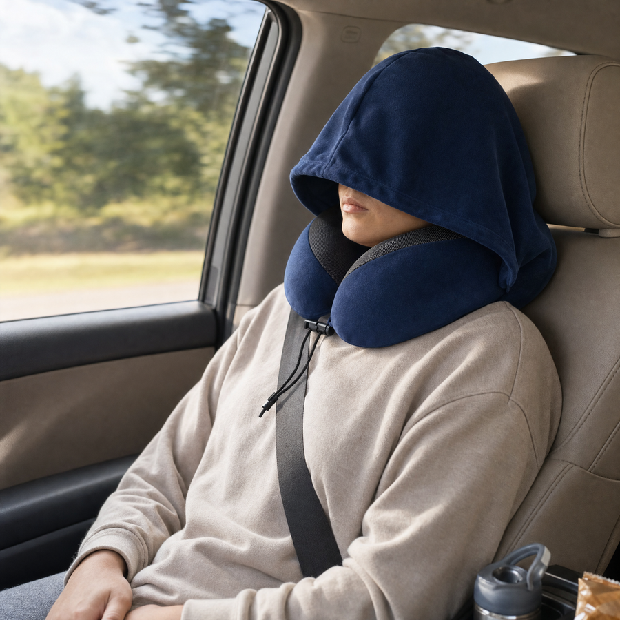 Passager se reposant en voiture avec le coussin de voyage a capuche