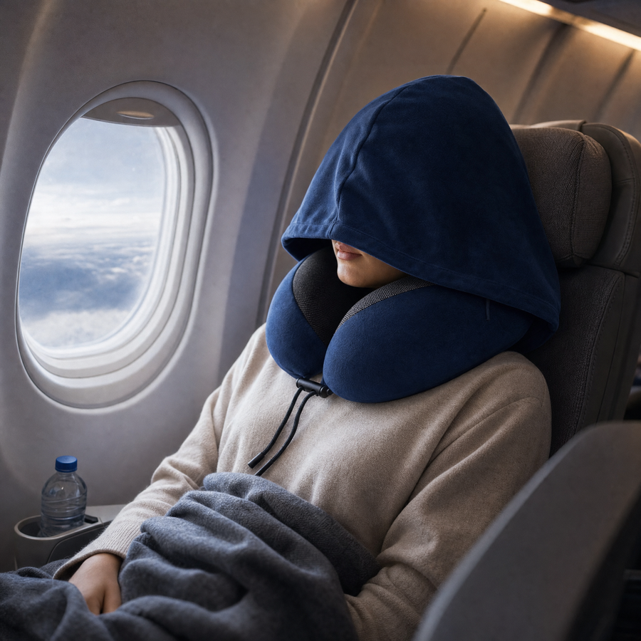 Femme dormant en avion avec le coussin de voyage a capuche