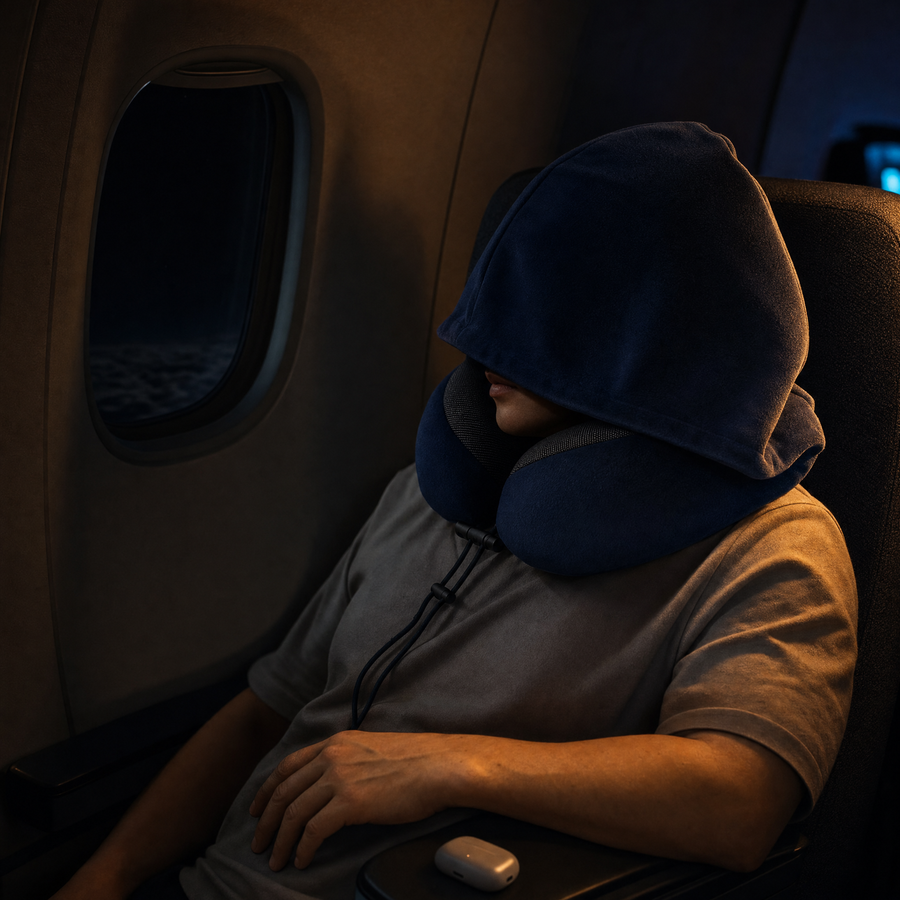 Voyageur reposant en avion la nuit avec le coussin a capuche