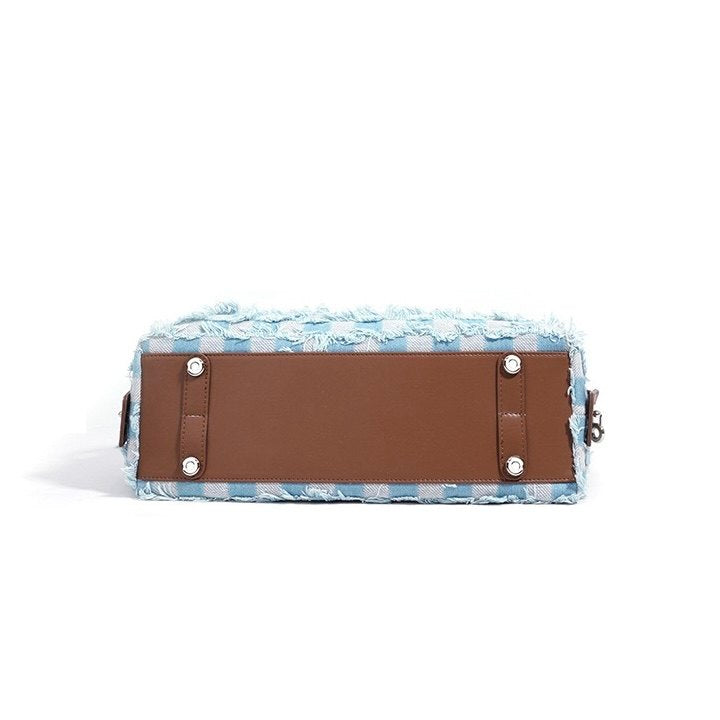 Genuine Leather Denim Patchwork Shoulder Bag - Vintage Style