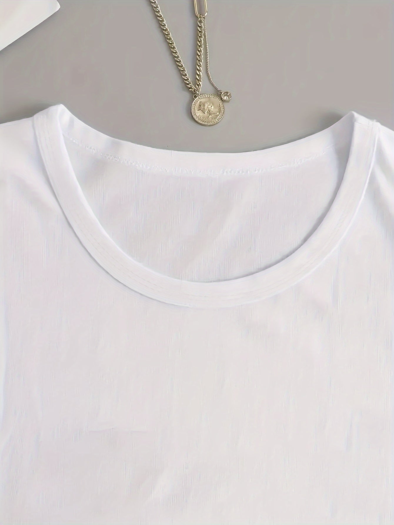 Plus Size Elegant Crew Neck T-Shirt, Polyester Knit Fabric with Medium Stretch, Geometric Smile Pattern, with Applique Detail, for All Seasons - Polynesia Market