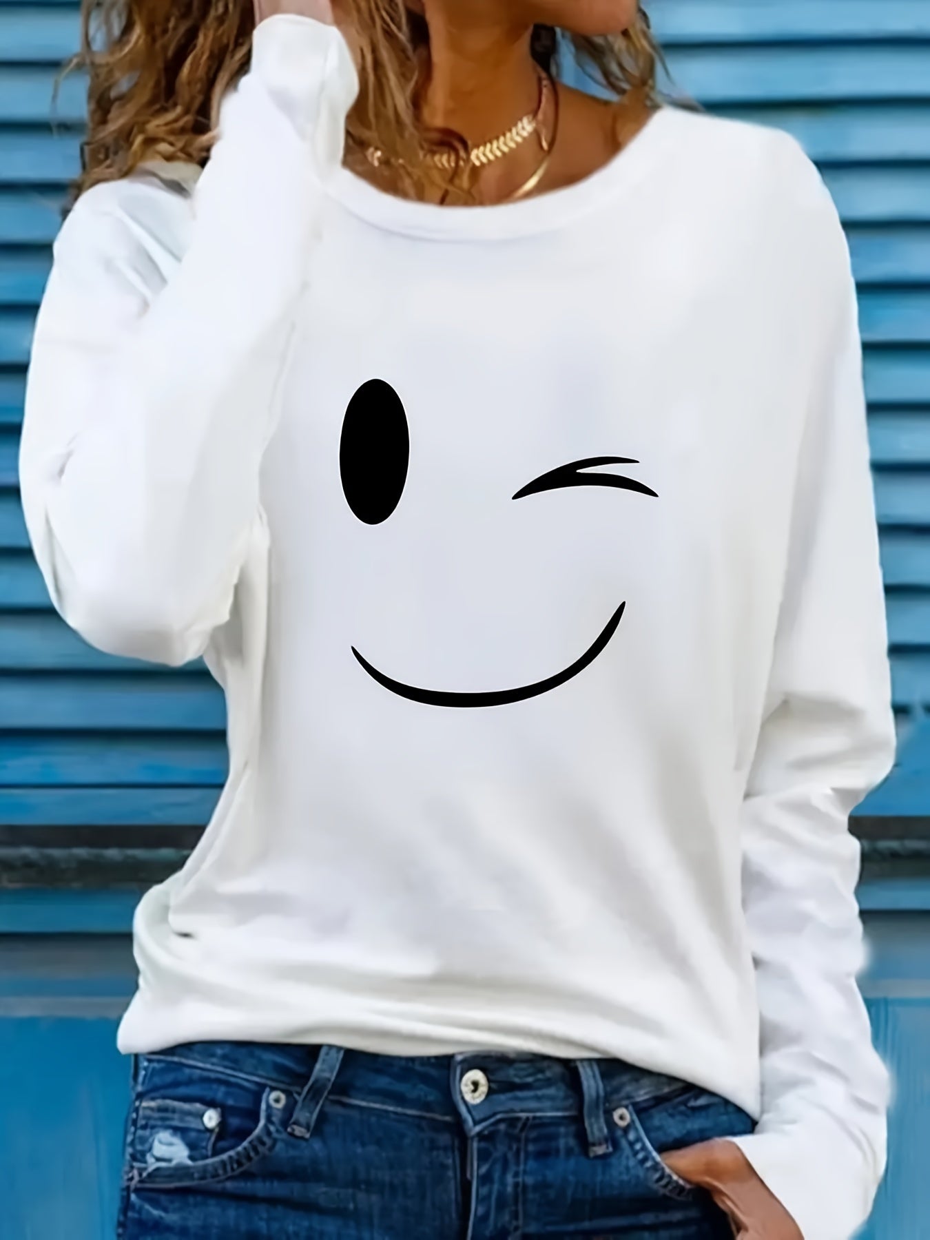 Plus Size Elegant Crew Neck T-Shirt, Polyester Knit Fabric with Medium Stretch, Geometric Smile Pattern, with Applique Detail, for All Seasons - Polynesia Market