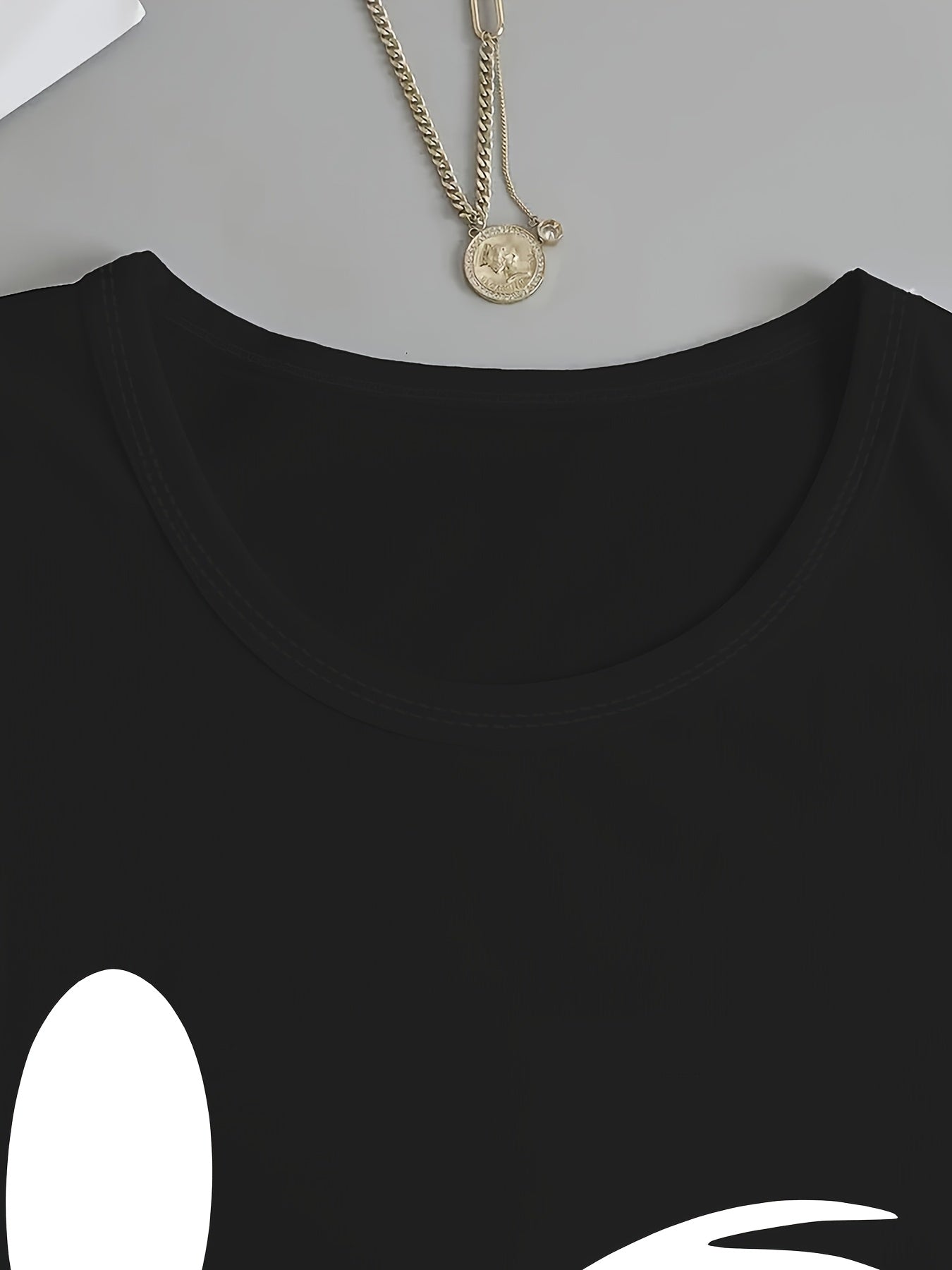 Plus Size Elegant Crew Neck T-Shirt, Polyester Knit Fabric with Medium Stretch, Geometric Smile Pattern, with Applique Detail, for All Seasons - Polynesia Market