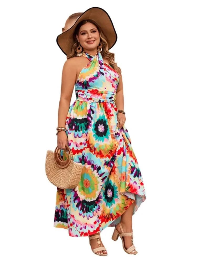 Plus Size Summer Holiday Dress Women Sleeveless Backless Sexy Fashion Ladies Dresses Ruffle Pleated Graffiti Print Woman Dress - Polynesia Market