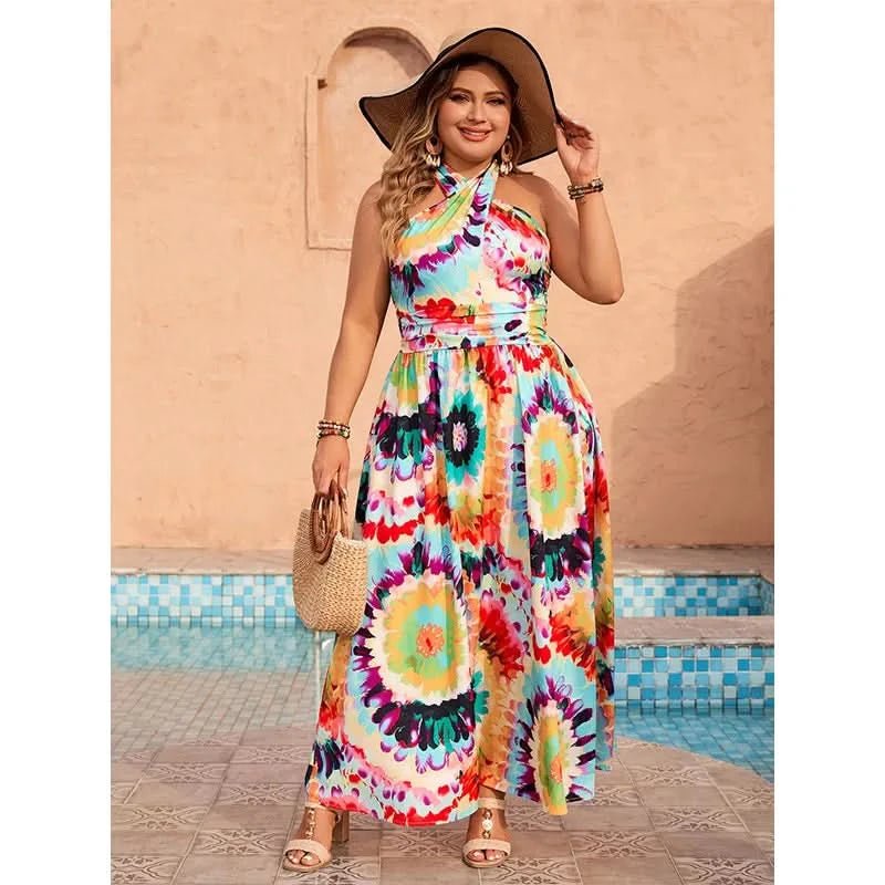 Plus Size Summer Holiday Dress Women Sleeveless Backless Sexy Fashion Ladies Dresses Ruffle Pleated Graffiti Print Woman Dress - Polynesia Market
